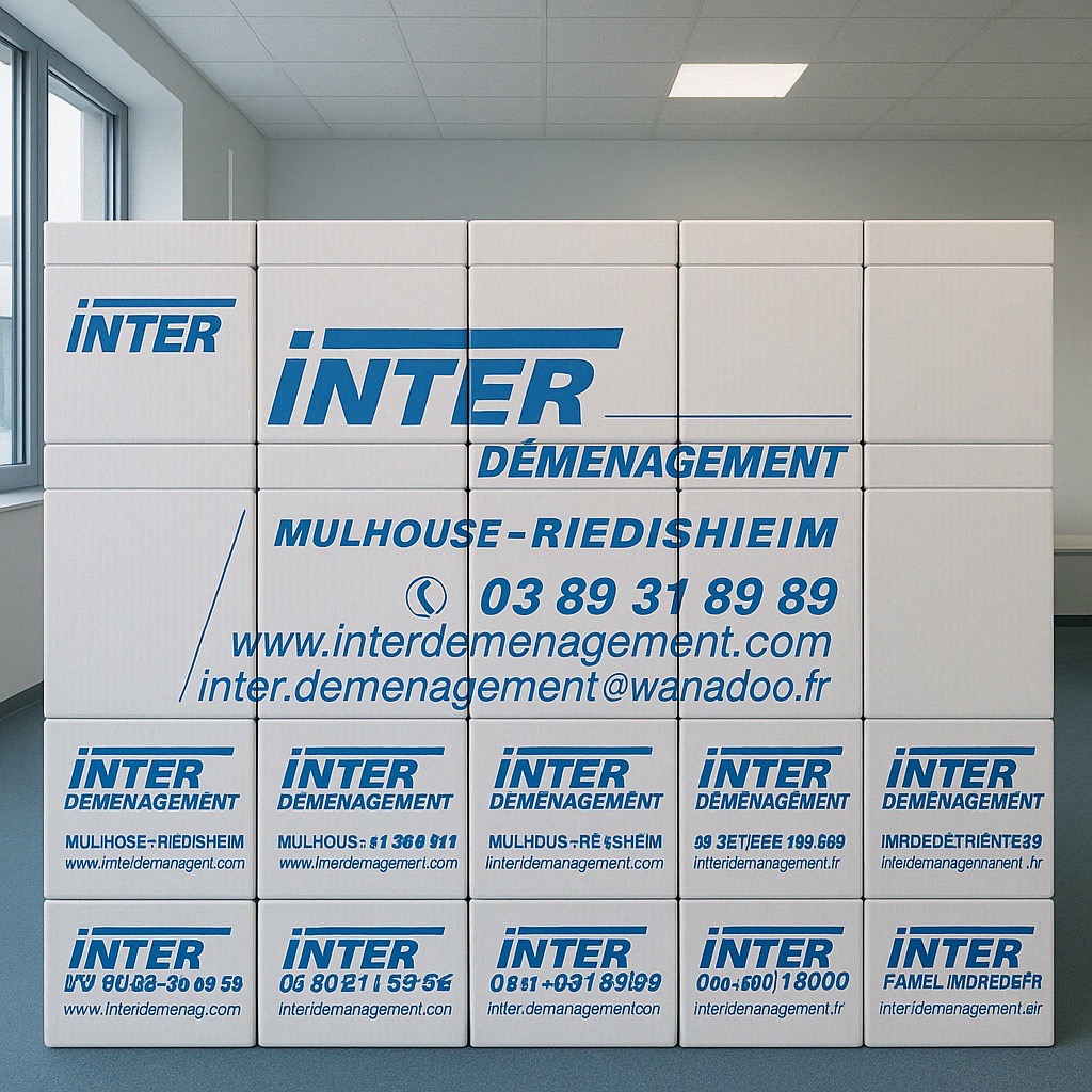Piles de cartons standards de déménagement robustes, prêts à l’emploi – Inter Déménagement à Mulhouse Riedisheim